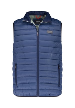 Dunkelblau gesteppte Weste mit Stehkragen, durchgehendem Reißverschluss und seitlichen Taschen. Mit horizontalem Steppmuster und markiertem Patch.