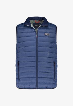 Dunkelblau gesteppte Weste mit Stehkragen, durchgehendem Reißverschluss und seitlichen Taschen. Mit horizontalem Steppmuster und markiertem Patch.