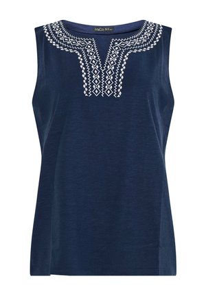 Sleeveless navy blue top with white geometric embroidery around the neckline and a slightly scooped collar.