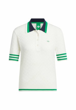 White polo shirt with textured fabric, navy and green striped collar and sleeve cuffs, three-button placket, and small green logo on chest.