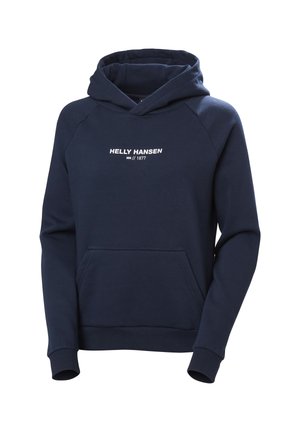 Navyblauwe hoodie van zachte stof, voorzien van een kangoeroezak en een wit "Helly Hansen" logo op de borst. Ribbelboorden en -hem.