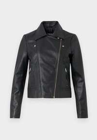 Mustast nahkjakist, millel on sälguga krae, kaldus tõmblukuga esiosa ja kaks külge tõmblukuga taskut. Sile tekstuur ja istuv lõige.