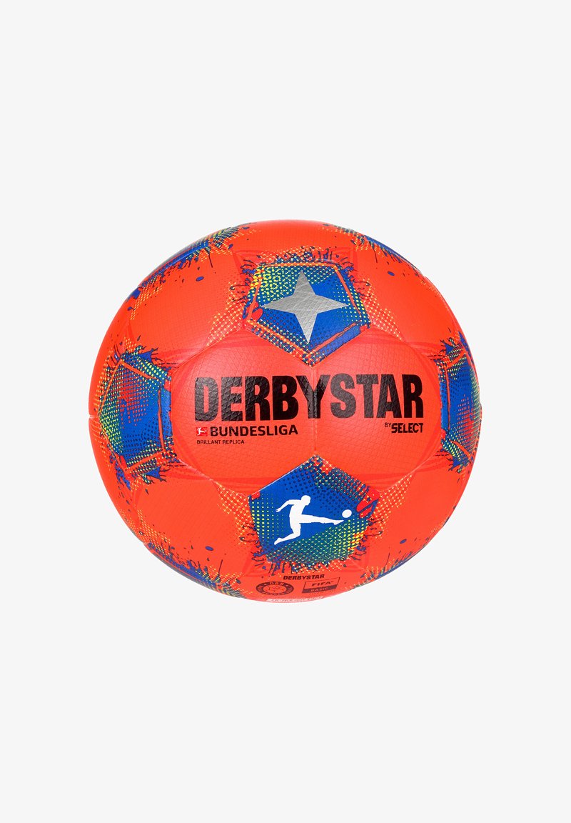 Ballon de soccer orange vif avec des motifs hexagonaux bleus et verts, portant les inscriptions "DERBYSTAR" et "BUNDESLIGA" en noir gras. Surface texturée.