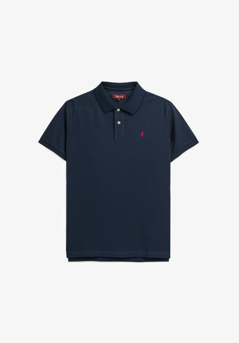 Polo shirt blu navy in cotone, con colletto a costine, patta con tre bottoni e un piccolo logo ricamato sul petto.