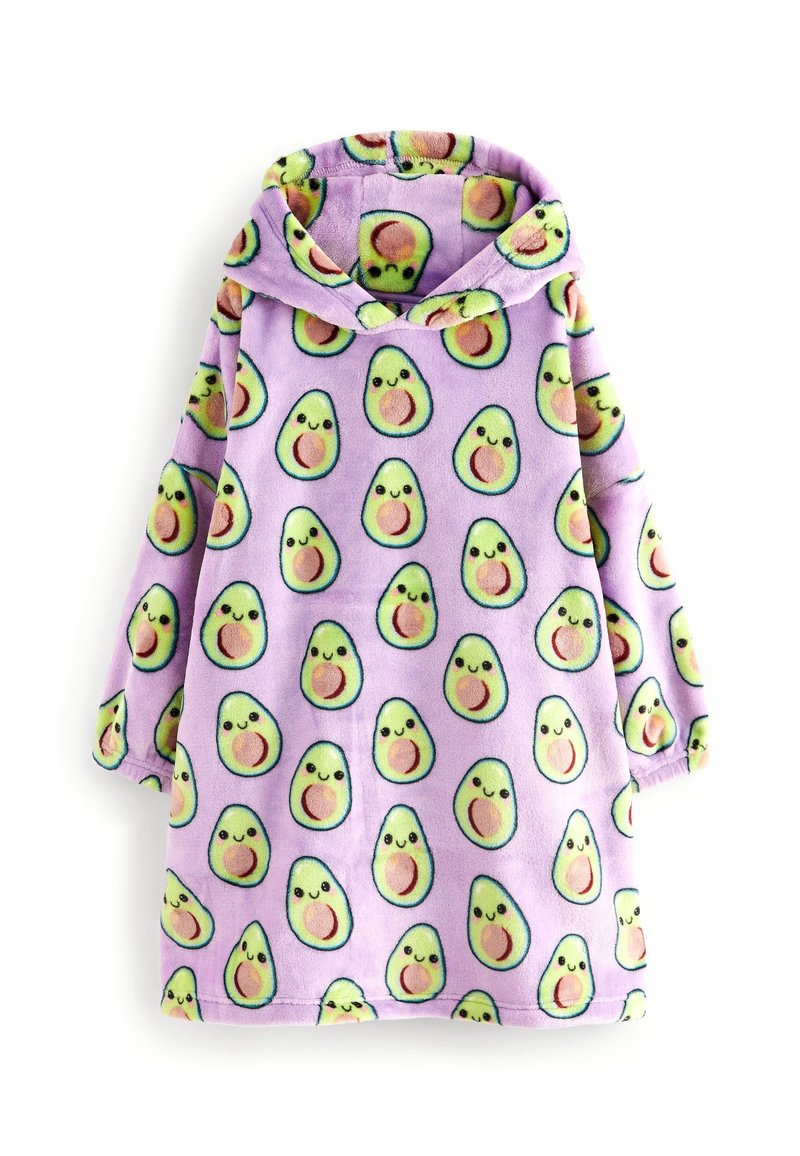 Robe en polaire à capuche lavande avec un motif répété de moitiés d'avocat souriantes avec noyaux sur un fond uni.