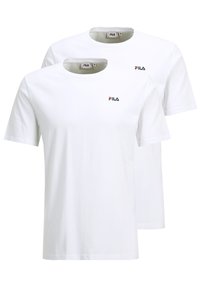 Weiße Baumwoll-T-Shirts mit rundem Halsausschnitt, kurzen Ärmeln und einem kleinen schwarzen und orangen FILA-Logo auf der Brust. Im Doppelpack.