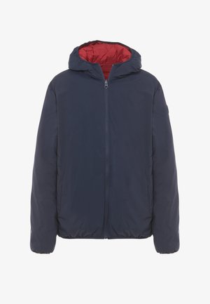 Giacca con cappuccio a zip navy con fodera rossa, dotata di polsini e orlo elasticizzati, realizzata in materiale leggero e resistente all'acqua.