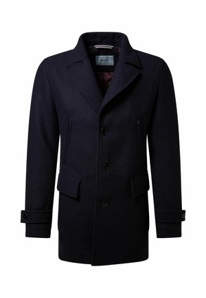 Marineblauwe wollen jas met een dubbelbrede ontwerp, geknipte kraag, twee voorzakken en knoopmanchetten met een gladde binnenvoering.