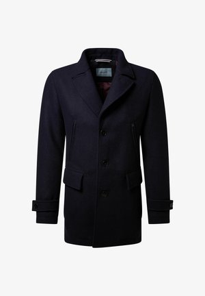 Marineblauwe wollen jas met een dubbelbrede ontwerp, geknipte kraag, twee voorzakken en knoopmanchetten met een gladde binnenvoering.