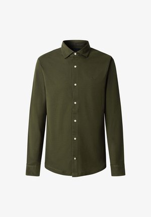 Olijfgroene overhemd met lange mouwen en een kraag met knopen, vooraan knopen en een klein logo op de borst. Gladde stofstructuur.