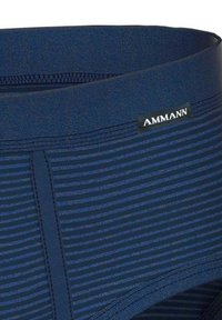 Cintura a rayas marinas con una tela texturizada. La marca "AMMANN" se muestra en una etiqueta negra en el centro delante.