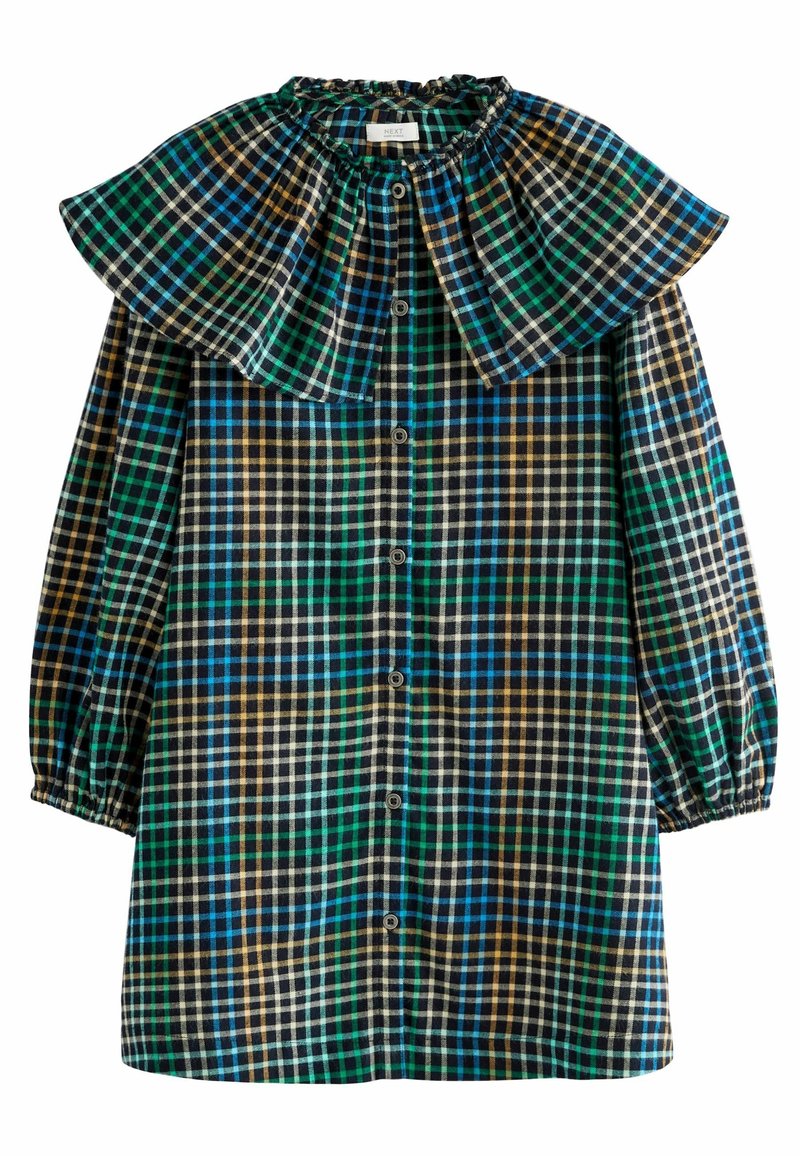 Robe à manches longues boutonnée avec un grand col à volants, présentant un motif à carreaux bleu, vert, noir et beige.