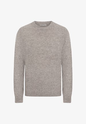 Grau gestrickter Pullover mit Rundhalsausschnitt, langen Ärmeln und gerippten Bündchen. Hergestellt aus weichem Material mit glatter Textur und einheitlichem Muster.
