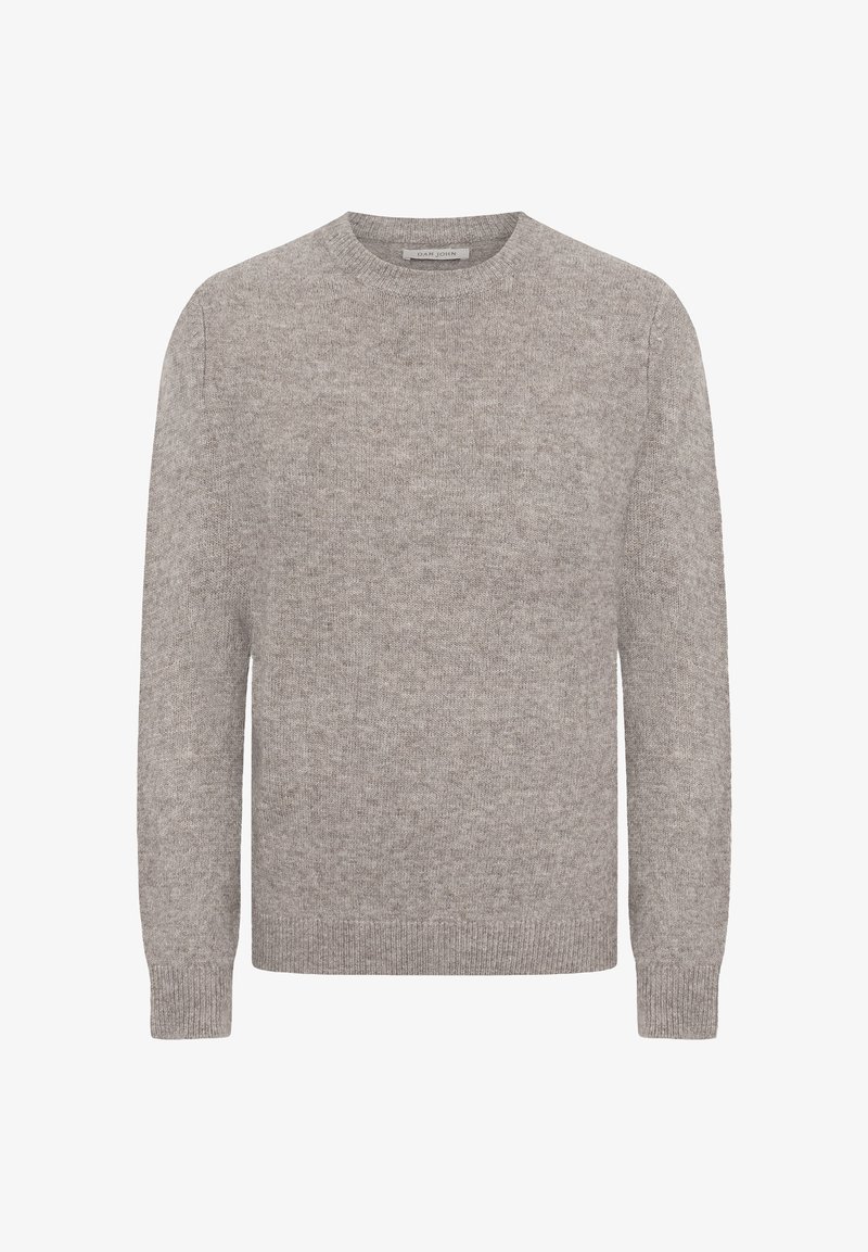 Maglione grigio lavorato a maglia con colletto tondo, maniche lunghe e polsini a coste. Realizzato in un materiale morbido, presenta una superficie liscia e un motivo uniforme.
