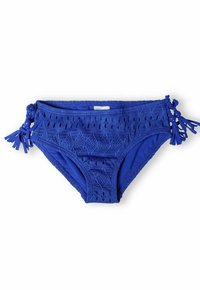 Blue bikini bottom with cut-out pattern, textured finish, and tassel details on the sides. Made of stretchy swimwear material.