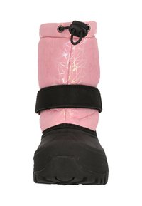 Rosa wasserdichte Stiefel mit lackierter Oberfläche, versehen mit einem strukturierten Muster, schwarzer robuster Sohle und verstellbarem Kordelzug am oberen Rand.