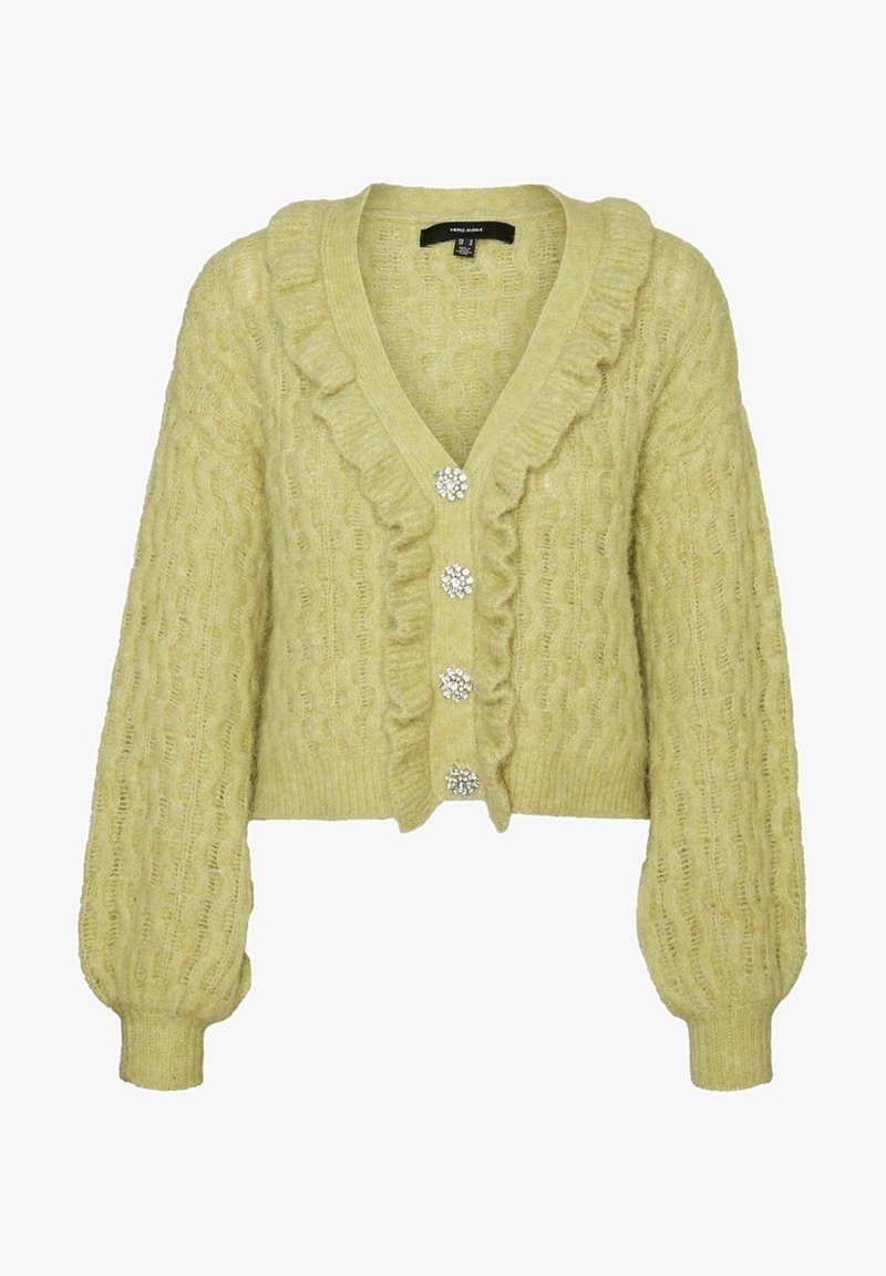 Jasnożółty sweter z dzianiny z falbaną przy dekolcie w kształcie litery V, długimi bufiastymi rękawami i czterema dekoracyjnymi kryształowymi guzikami z przodu.
