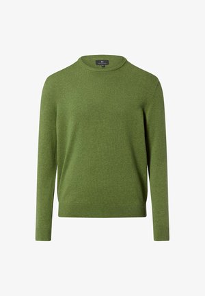 Maglione verde lavorato a maglia con scollo tondo, maniche lunghe e polsini e orlo a coste. Tessuto dalla texture liscia e colore uniforme.