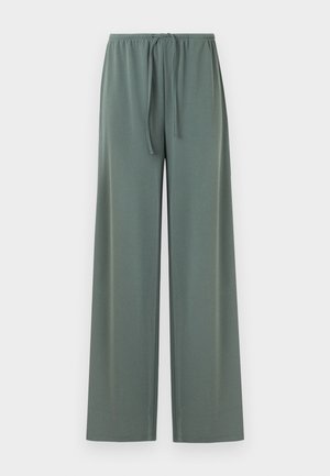 Laisvai krentančios, šalavijų žalios spalvos poilsio kelnės su elastinga juosmens juosta ir raišteliu, tiesaus pločio plataus kojų pjūvio, rodomos ant paprasto fono.