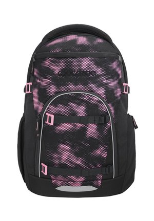 Black and pink patterned backpack with multiple compartments, front buckles, and a top handle, designed for school or casual use.