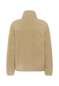 Beige sherpa fleece jacket with long sleeves and high collar shown from the back on a white background.