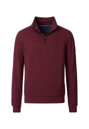 Bordeauxfarbener Pullover aus strukturiertem Stoff, mit einem Viertel-Reißverschluss-Kragen, gerippten Bündchen und einem kontrastierenden Innenfutter.