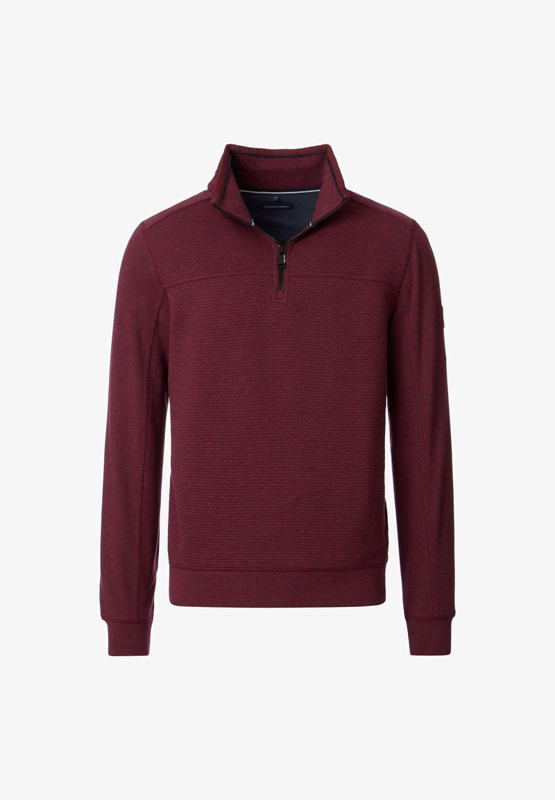 Bordeauxfarbener Pullover aus strukturiertem Stoff, mit einem Viertel-Reißverschluss-Kragen, gerippten Bündchen und einem kontrastierenden Innenfutter.