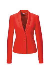 Blazer rouge avec une texture lisse, revers à cran, fermeture à un bouton et deux poches avant. Coupe ajustée, manches longues et design structuré.