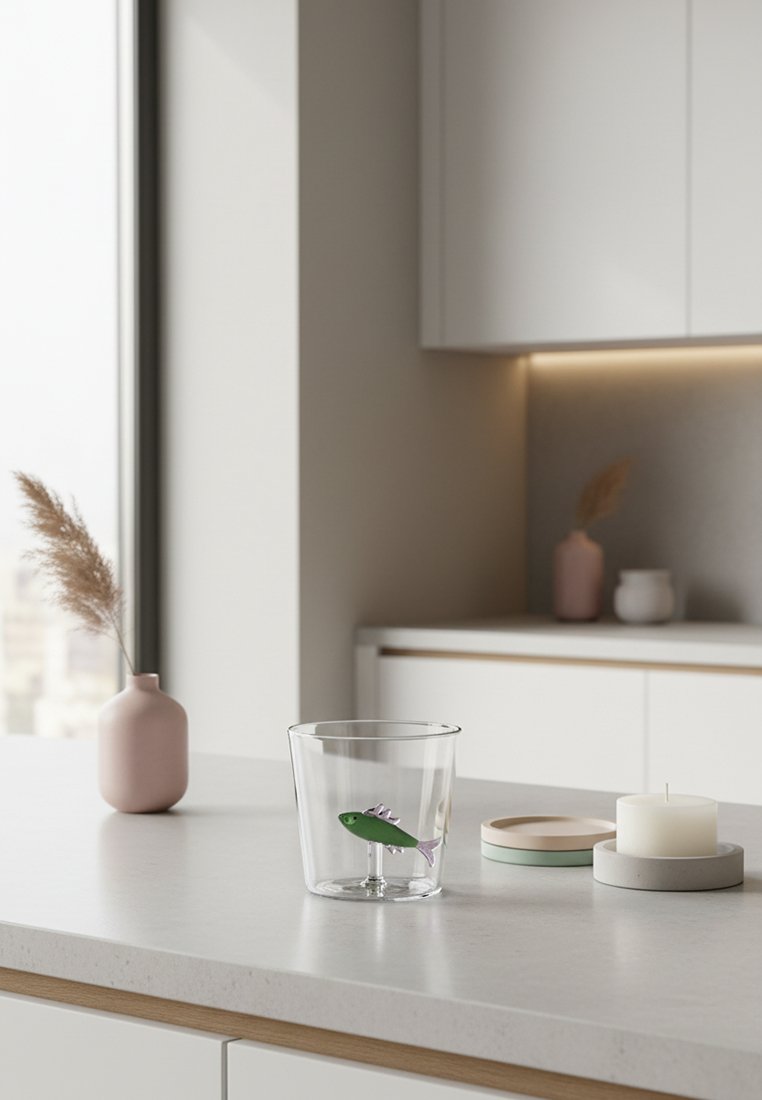 Przezroczysta szklanka z małą zieloną figurką rybki w środku, ustawiona na białym blacie kuchennym obok okrągłej tacy, białej świecy i różowego wazonu z suszonymi roślinami.