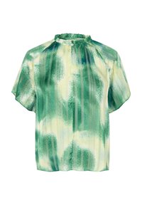 Blusa a maniche corte in verde e giallo con motivi astratti, caratterizzata da un collo alto con dettagli arricciati e una chiusura con un singolo bottone.