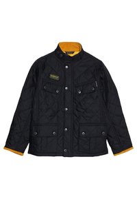 Schwarze Steppjacke mit Rautenmuster, mit einem gelben Innenkragen, Druckknöpfen und zwei Vordertaschen. Markenlogo auf der Brust.