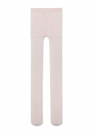 Hellrosa transparente Strumpfhose mit hohem Bund, flach liegend mit geschlossenen Füßen, vor weißem Hintergrund dargestellt.