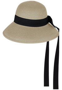 Beige Sonnenhut aus geflochtenem Stroh, mit einer breiten Krempe und einem schwarzen Stoffband um die Krone, das hinten mit zwei langen Bändern gebunden ist.