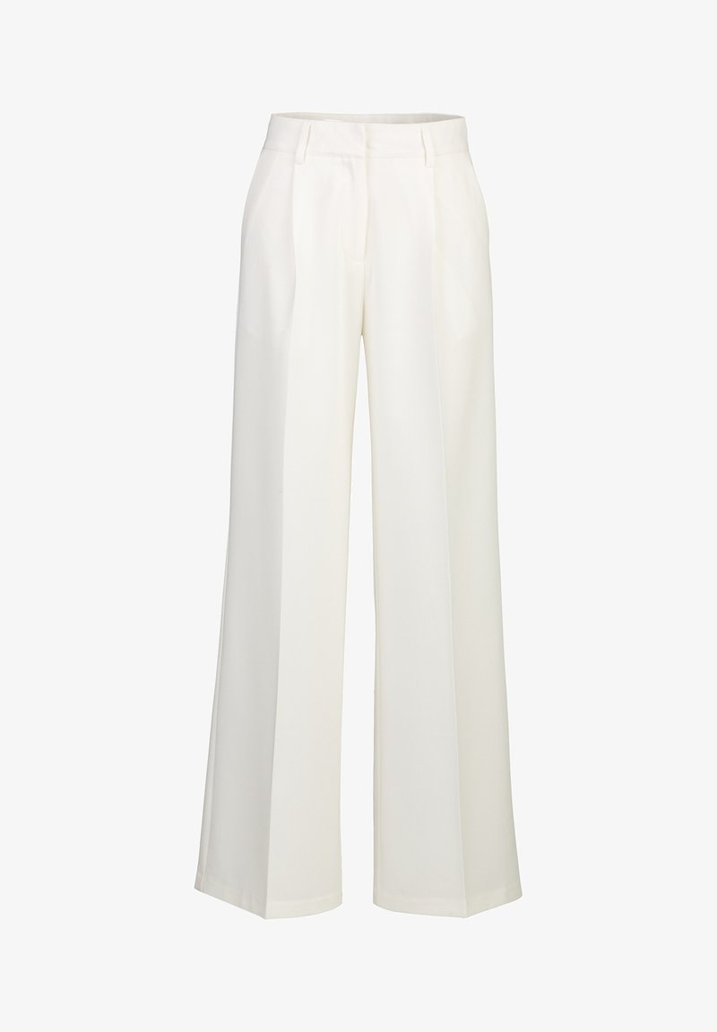 Witte wijde broek gemaakt van gladde stof, met een hoge taille, geplooide voorkant en zijzakken. Eenvoudig en strak ontwerp.
