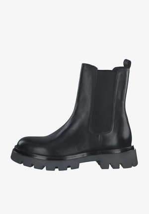 Schwarze Leder Chelsea Boots mit dehnbaren Seitenteilen, einer robusten Gummisohle und einer Zuglasche hinten für ein einfaches An- und Ausziehen.
