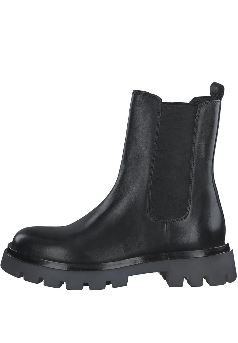 Schwarze Leder Chelsea Boots mit dehnbaren Seitenteilen, einer robusten Gummisohle und einer Zuglasche hinten für ein einfaches An- und Ausziehen.