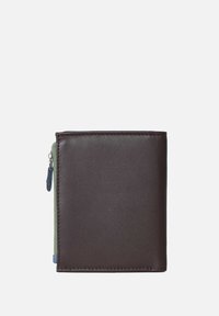 Brown leather wallet with a green zipper accent. Rectangular shape, smooth texture, visible stitching along the edges, and zipper pull.