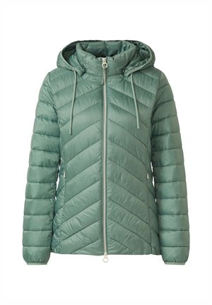 Groene gewatteerde jas met capuchon, voorzien van een chevronpatroon, ritssluiting aan de voorkant en trekkoorden. Gladde, glanzende textuur.