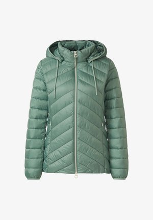 Groene gewatteerde jas met capuchon, voorzien van een chevronpatroon, ritssluiting aan de voorkant en trekkoorden. Gladde, glanzende textuur.