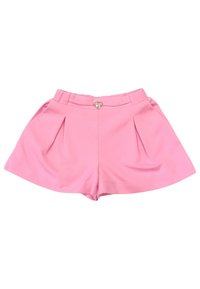 Shorts plissettati rosa con una vita alta, hardware decorativo a forma di cuore in argento e una texture di tessuto liscia.