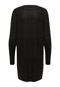 Zwarte gebreide trui, lange mouwen, oversized pasvorm, gestructureerd patroon, geribbelde boorden en zoom, halflang met een ontspannen silhouet.