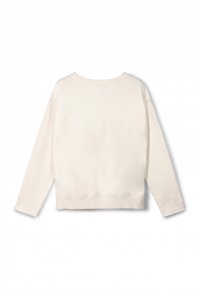 Sweatshirt couleur crème, en coton doux, coupe décontractée, manches longues, poignets et ourlet côtelés, vue de dos, coutures discrètes, sans motifs.