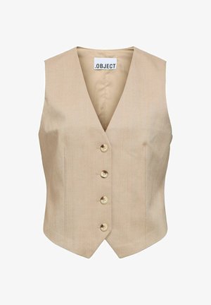 Gilet beige su misura senza maniche con scollo a V, quattro bottoni frontali e etichetta con scritto ".OBJECT" all'interno del colletto.