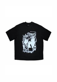 Black cotton t-shirt with short sleeves, featuring a white graphic design of the Wu-Tang Clan logo and text in a distressed style.