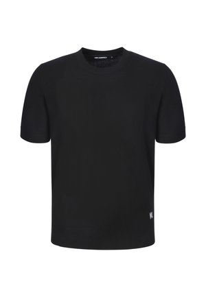 Sort kortærmet rundhalset sweater med lille hvidt logo nederst til venstre foran samt ribstrikket kant og manchetter.