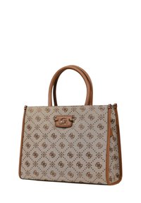 Beige fabric handbag with brown logo pattern, leather accents, dual top handles, and a decorative metal clasp featuring a 'G' logo.
