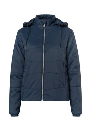 Námornícky modrá prešívaná bunda so zipsom vpredu, kapucňou, nastaviteľnými šnúrkami a elastickými manžetami. Má diagonálne švy a dve bočné vrecká.