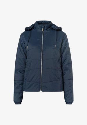 Marineblauwe gewatteerde jas met een ritssluiting aan de voorkant, capuchon, verstelbare aantrekkoorden en elastische manchetten. Kenmerken zijn diagonale stiksels en twee zijzakken.