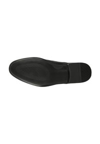 Suola di scarpa in pelle nera con grip in gomma testurizzata, caratterizzata da un motivo a righe in rilievo per la trazione e un bordo del tallone arrotondato e liscio.
