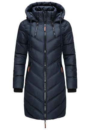 Navy blue puffer coat with a chevron pattern, hood, and adjustable drawstrings. Features two zippered pockets and ribbed cuffs.